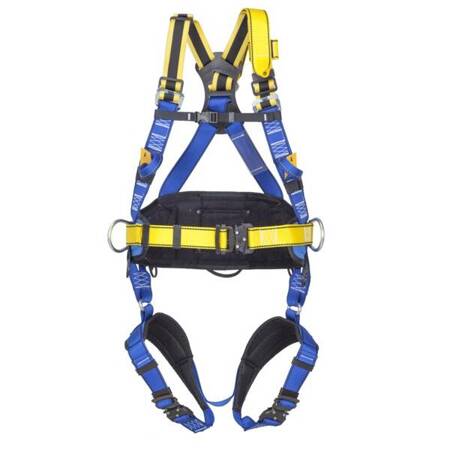 Safety harness with elastic bands, hip belt and P-61 EmX automatic buckles