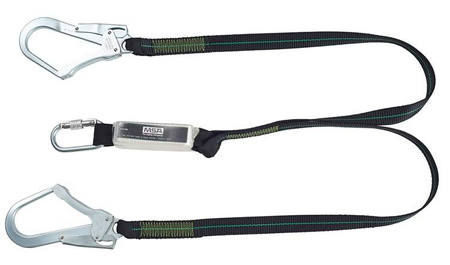 Energy Absorbing Lanyard, 1.5m, Webbing, Twin Leg, Steel Screwgate Carabiner, Steel Scaffold Hook