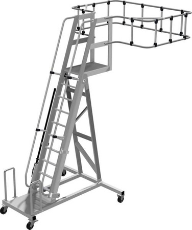 Drabina do obsługi cystern, kosz narożny, platforma z aluminium, koła gumowe/z tworzywa sztucznego Stabilo