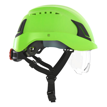 Industrial Ventilated Safety Helmet With Retractable Visor - White, Rotary Suspension ATRA 50V (green Hi-viz)